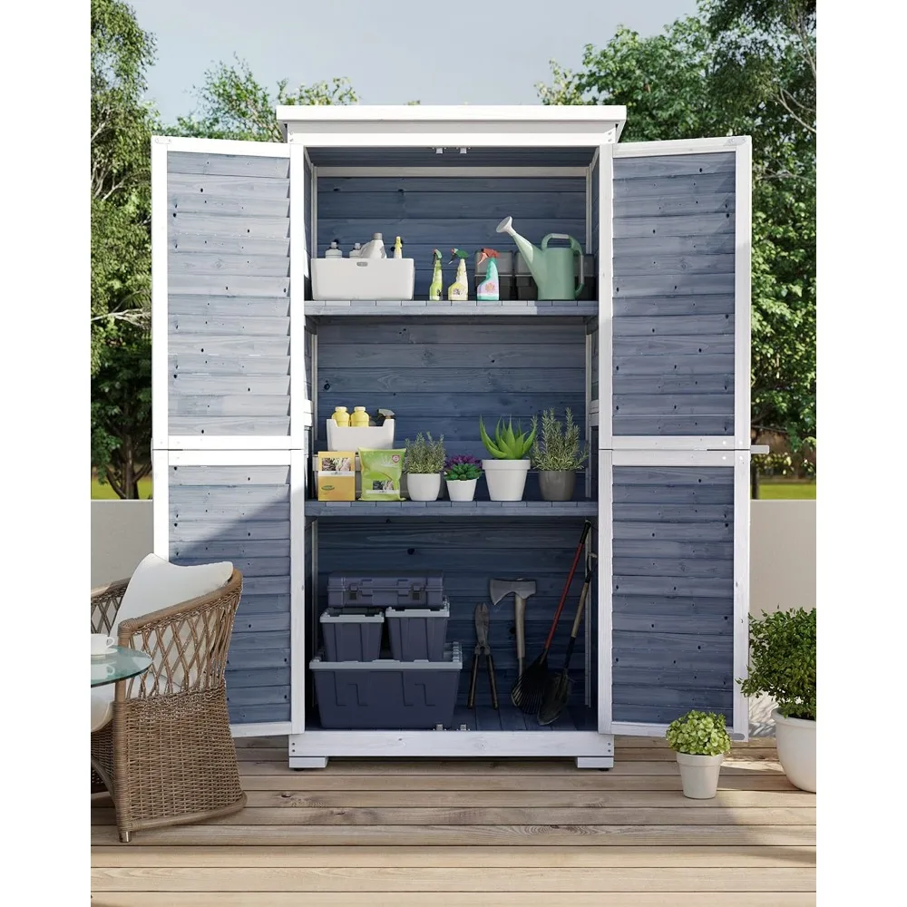 Outdoor Storage Cabinet with 3 Shelves,Double Lockable Wooden Garden Shed with Waterproof Roof,Vertical Tall Tool Shed Deck-Grey