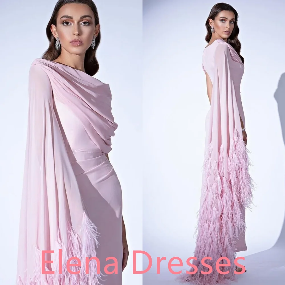 

Customized Elegant pink Chiffon Homecoming Dress Delicate Scoop One Shoulder Long Sleeves Feathers Backless Vestido De Noche