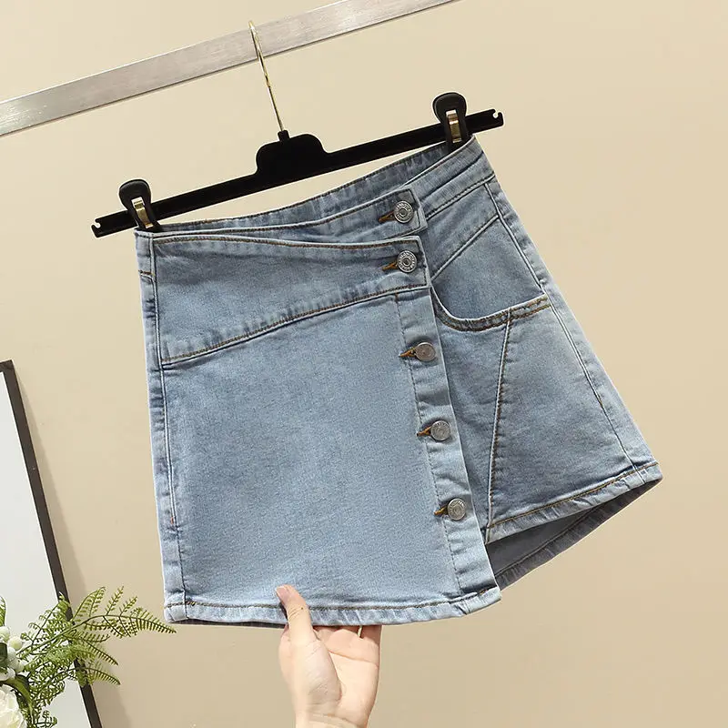 Summer new large size  high waist denim shorts women's slim single-breasted half-body bag hip shorts  Wide Leg Pants