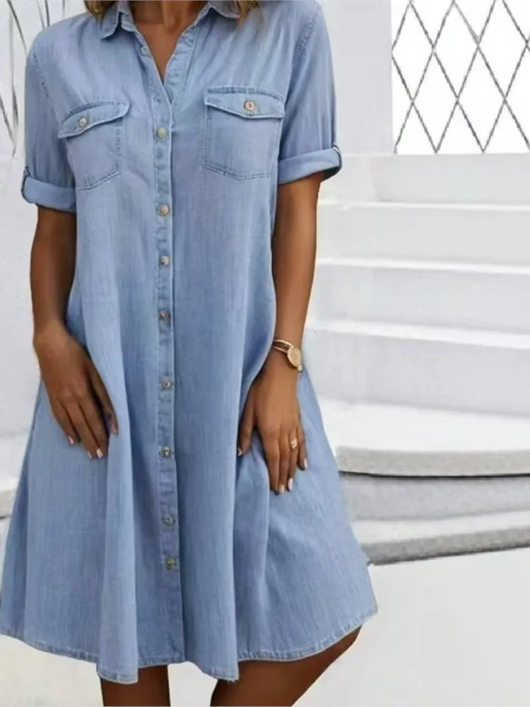 Women's Elegant Denim Dress 2026 Summer Short Sleeve V Neck Retro Harajuku Single Breasted Loose Suspender Pocket Short Dress