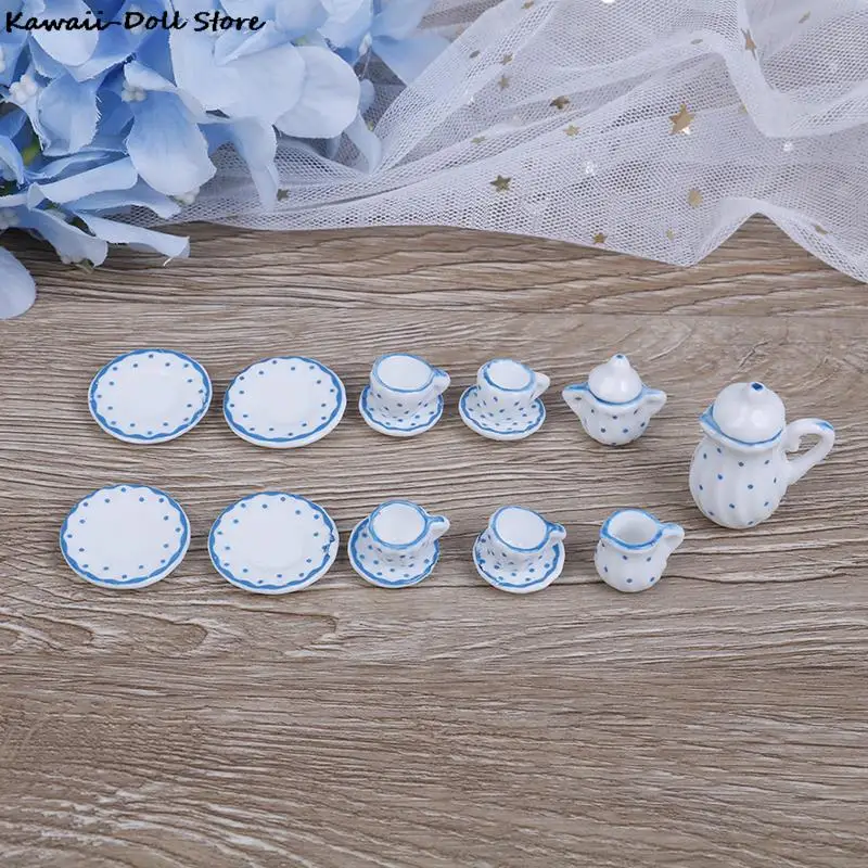 15Pcs 1/12 Dollhouse Miniature Ceramic Tea Cup Tableware Set Kitchen Flower Patten Porcelain Coffee Cup Pot Accessories Kids Toy