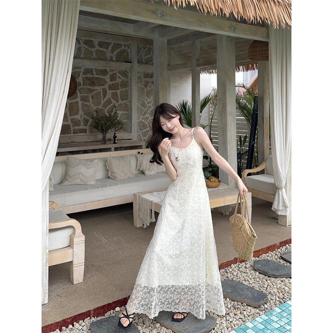 Elegant Embroidered Strap Dress Women's Fashion Slimming Long Skirt Spring Summer Citywalk Casual Other Material 100%