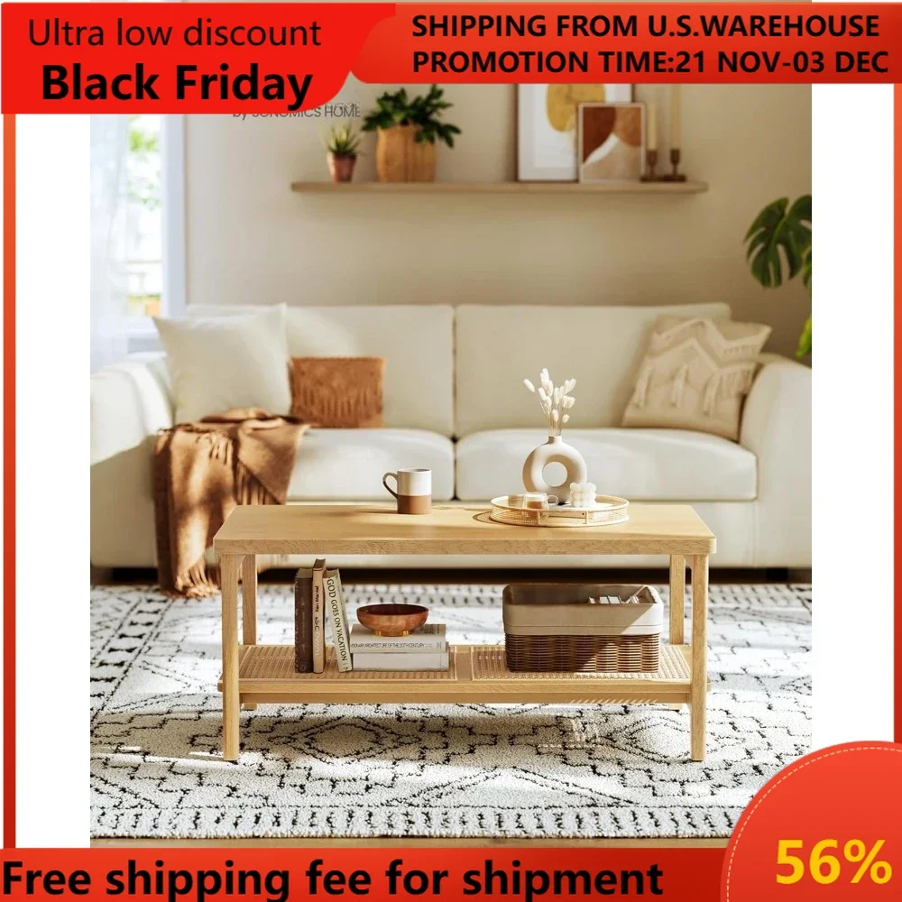 2-Tier Coffee Table for Living Room, Living Room Table Rectangular Center Table, with PVC Rattan Storage Shelf, Rounded