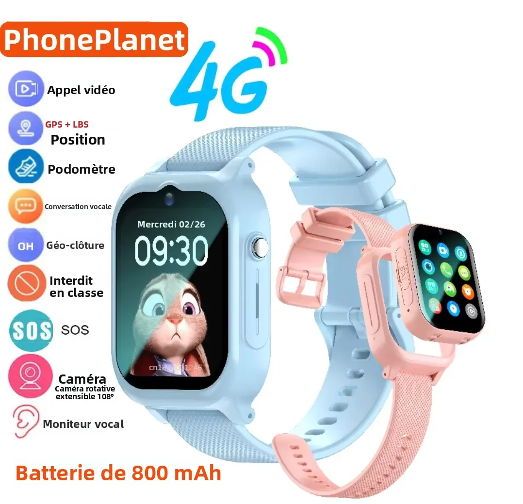 Montre connectée pour enfants 4G avec GPS, SOS, appel vidéo 108 °   Montre connectée pour enfants avec caméra HD rotative et suivi de moniteur