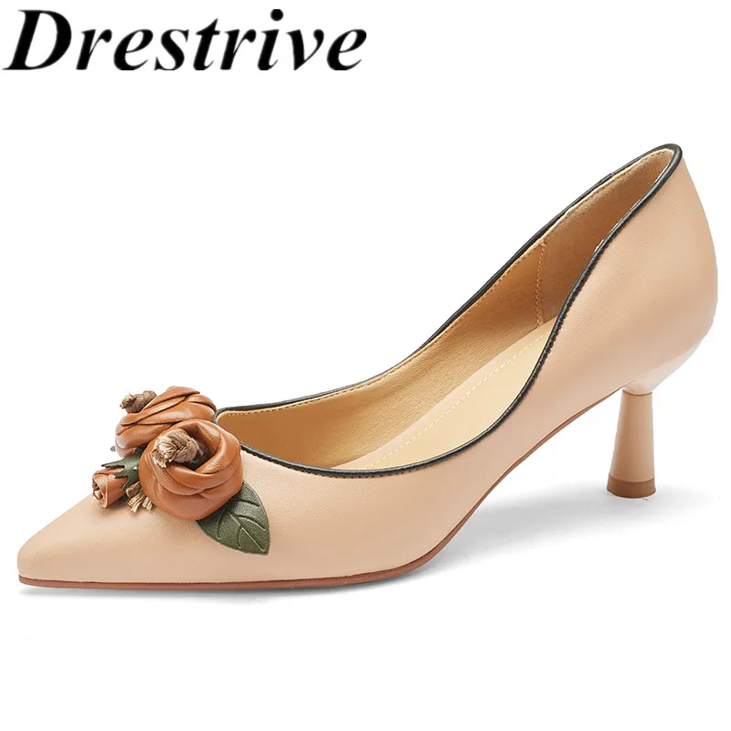 

Drestrive 2024 New Women's Pumps Full Genuine Leather Pointed Toe Flower Thin High Heels Spring Shoes Top Quality Shallow