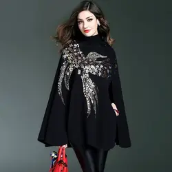 Gothic Woman Eagles Beading Sweater Poncho Birds Sequins Wrap Pullovers Cloak Long Bat Sleeved Black Shawl Capes Pashmina Coat