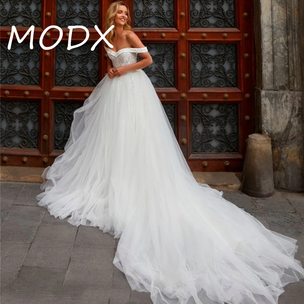 MODX Customized Lace Bridal Dress Glitter Tulle A Line Wedding Gown And Court Train For Formal Wedding Party Dress Vestidos De N
