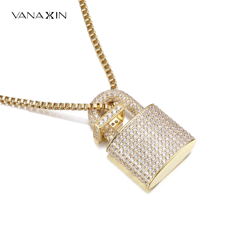 

VANAXIN Micro Paved Crystal Lock Pendant Necklace Women Men SilverGold Color Fine Jewelry Hiphop Top Quality CZ Christmas Gift