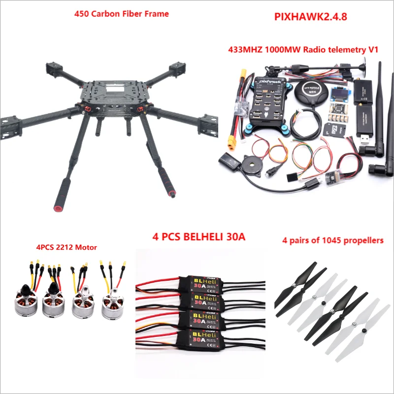 PIXHAWK2.4.8 Flight Control Carbon Fiber 450 Frame Kit Ardupilot 100MW Radio Telemetry Quadcopter BLHELI 30A 2212 Motor ESC