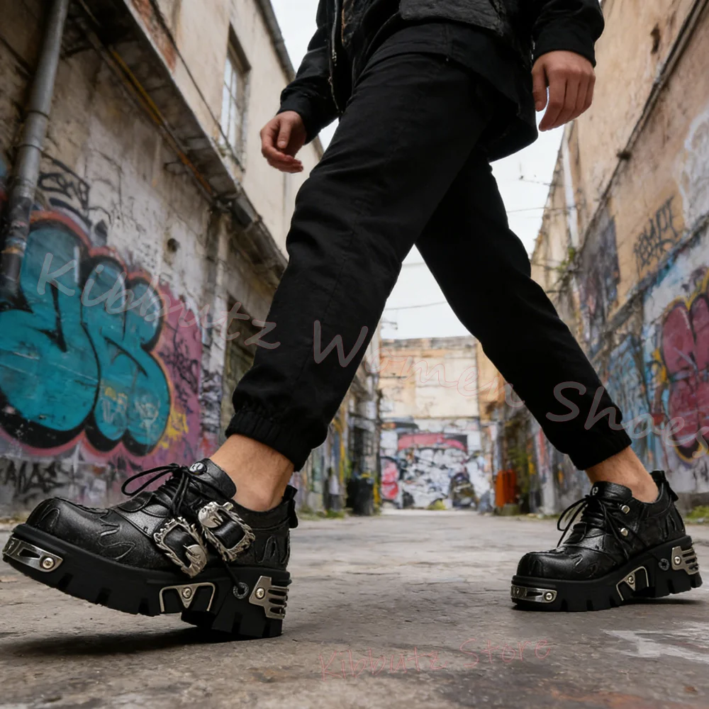 Gothic Platform Shoes Metal Chain Skull Charm Punk Style Chunky Sole Boots for Women Unique Fashion Leather Lace-Up Mixed Color