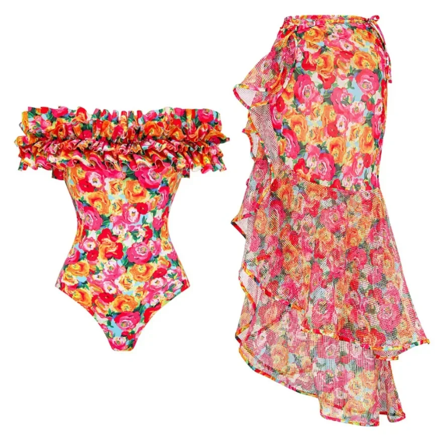 2026 High Quality One Piece Swimsuit Floral Ruffle Printed Push Up Women Bikini Set Swimwear Slimming Bathing Suit Beach Wear