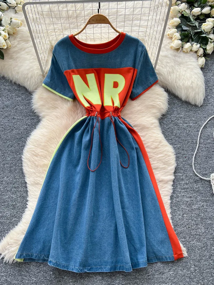 الرجعية الراقية الشعور اللون Blo جولة Ne ort Sve إلكتروني طباعة الدنيم الدكتور المرأة الخصر Cinching تنورة غير رسمية #2