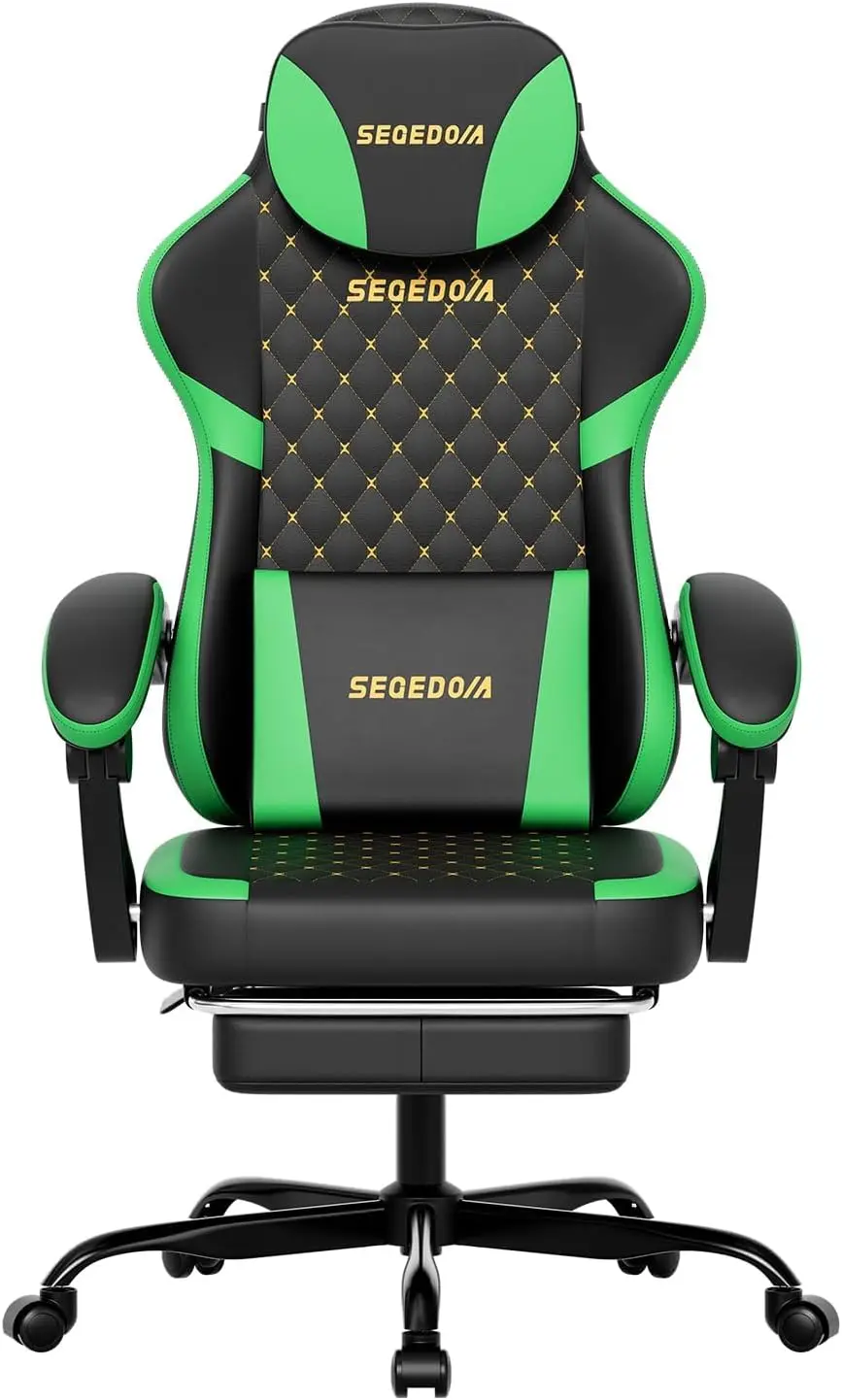 Ergonomic Gaming Chair with Footrest & Massage Lumbar Pillow, Height Adjustable 360° Swivel Computer Chair, Linked Armrest & Headrest for Office Gaming (Black Green