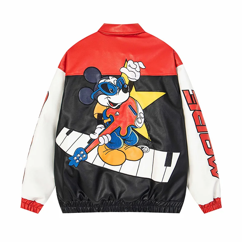 

Supzoom New Arrival Rib Sleeve Top Fashion Embroidery Mickey Mouse Loose Faux Leather Lapel Cardigan Casual Baseball Jacket