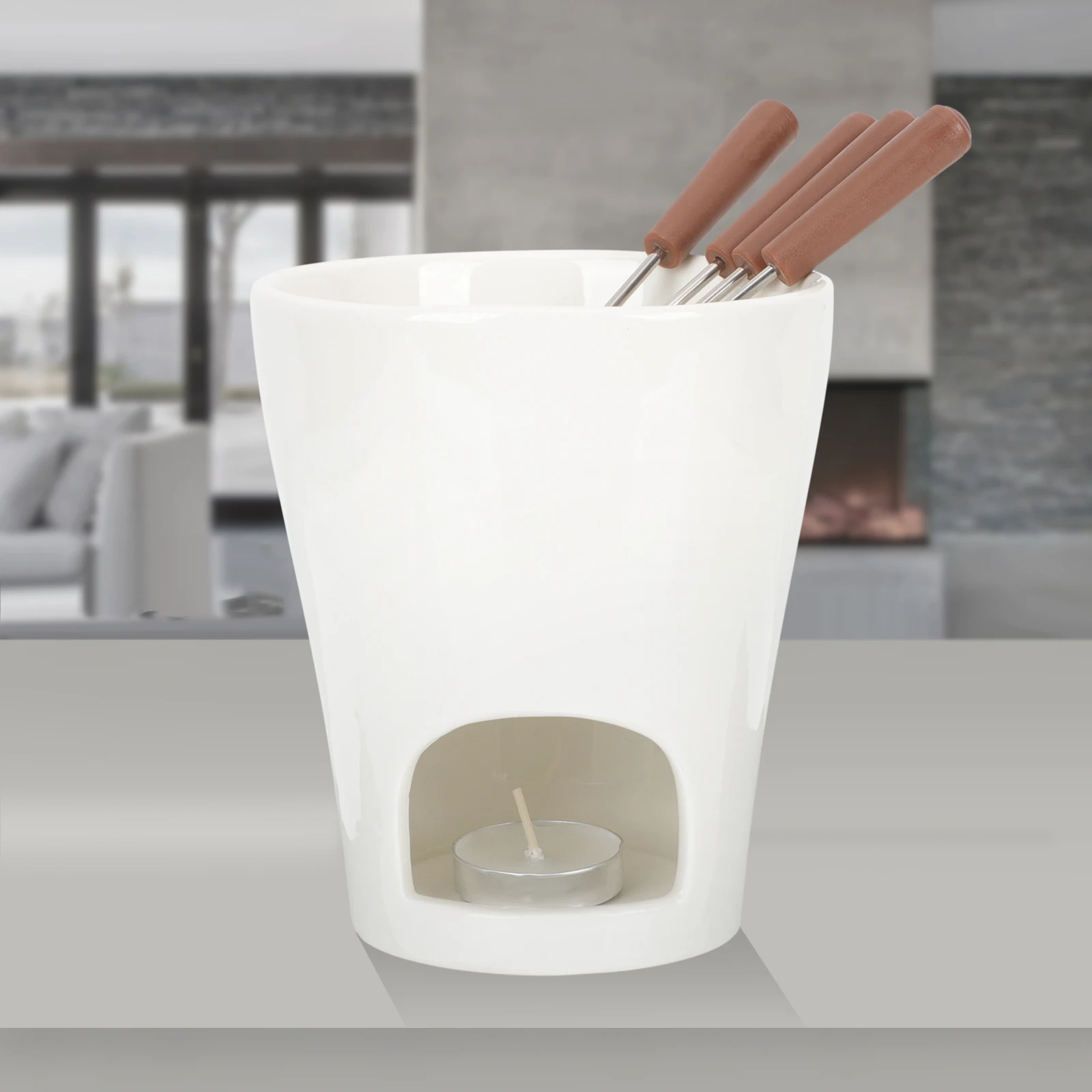 

1 Set Chocolate Melting Pot Ceramic Fondue Butter Warmer Cheese Ice Cream Compact Lightweight Food Heater Stirring Forks