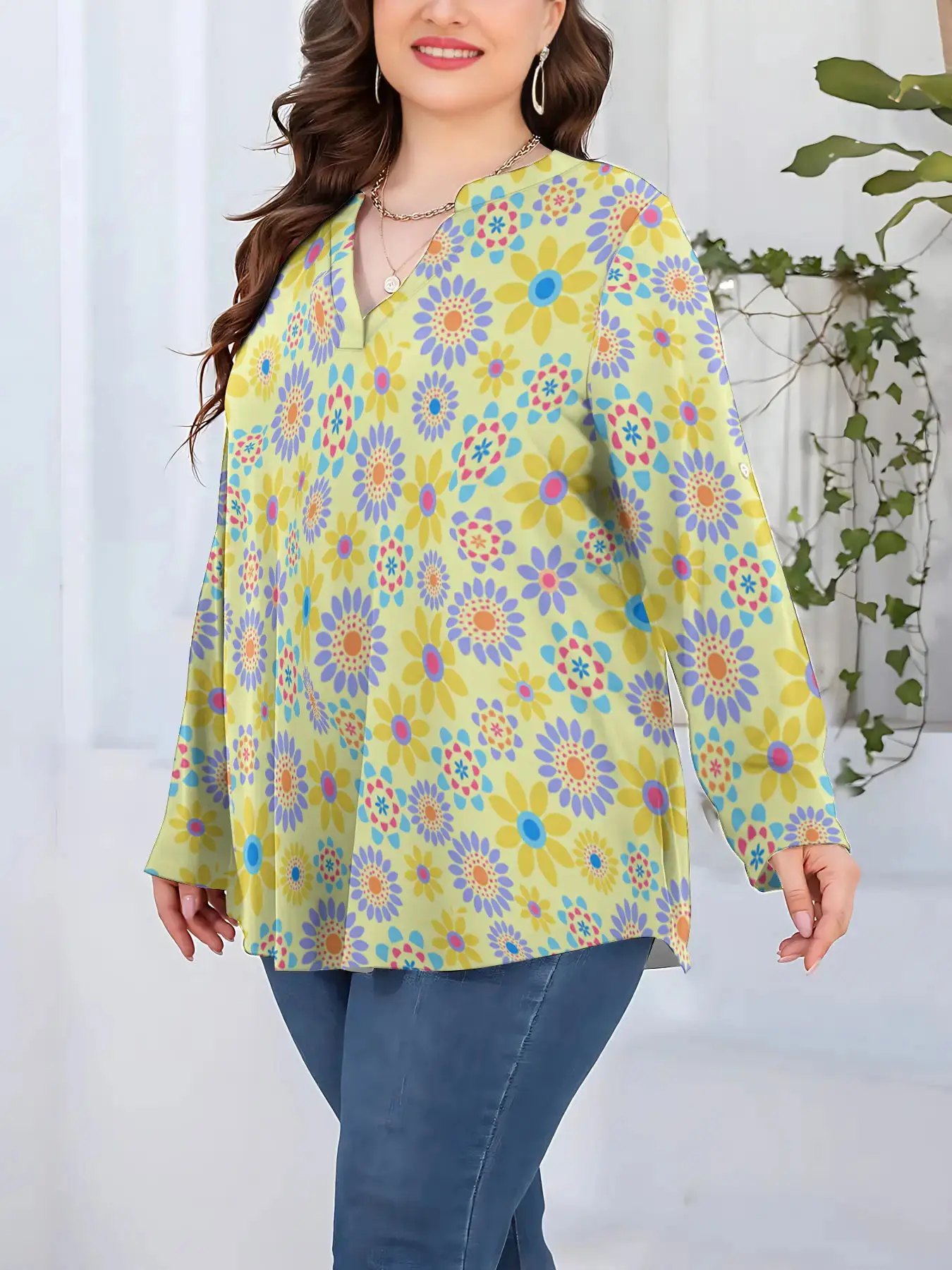 Plus Size Women T-shirts Daisy Floral Printed Tops Spring V-neck Long Sleeve Shirts Oversized Casual Clothing Streetwear