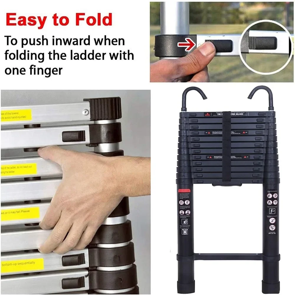 Telescoping Ladder Aluminum Telescopic Multi-Purpose Extension Ladder with 2 Detachable Hooks Lightweight Portable Collapsible