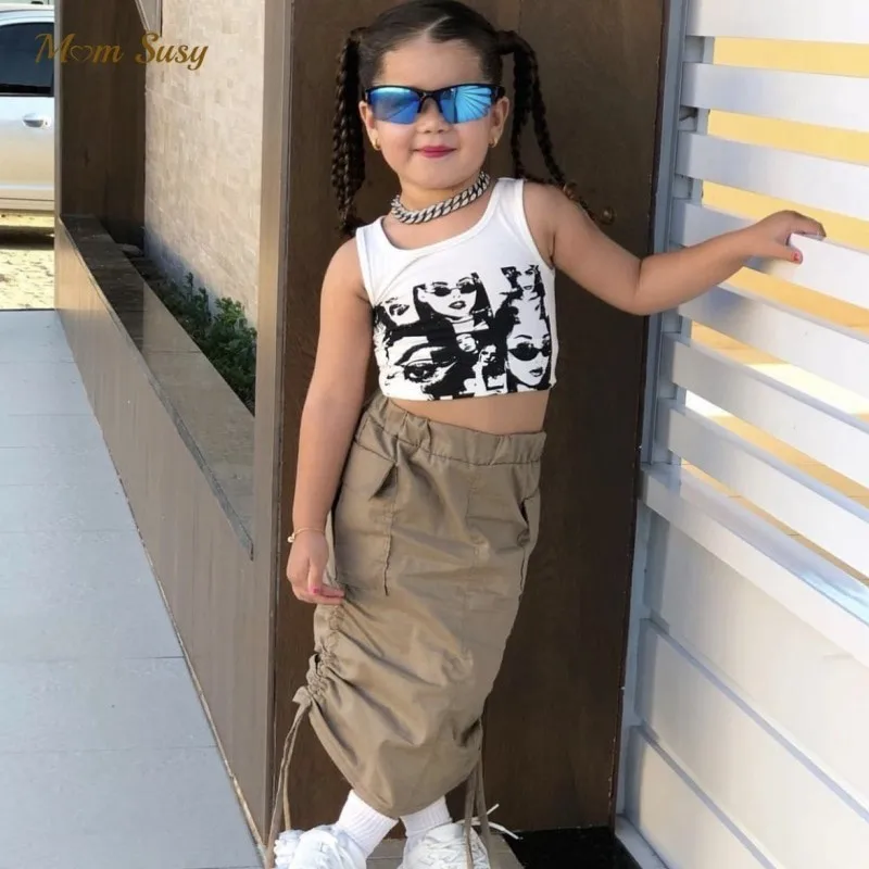 Fashion Girl Cotton Cargo Skirt Tshirt Long Sleeve Infant Toddler Girl Spring Autumn String Drawstring Skirt Baby Clothes 1-10Y