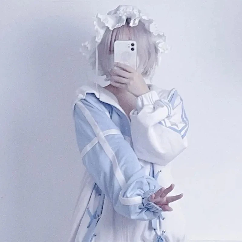Mädchen- und Damenmode: Japanischer Subkultur-Hoodie in Blau-Weiß, Herbst- und Winter-Sweatshirts mit Reißverschluss, Y2K-Kleidung