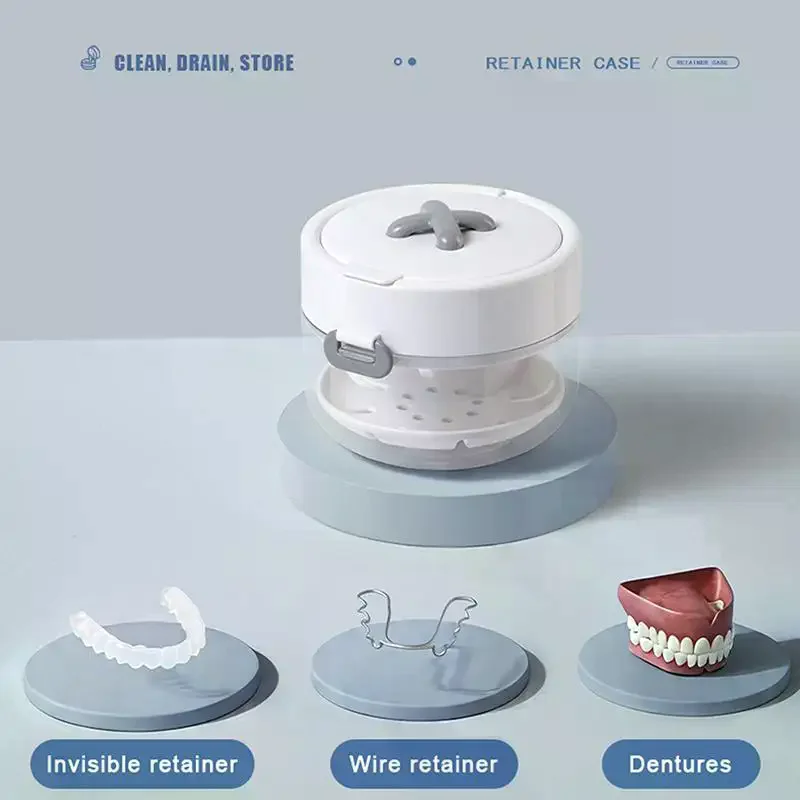 Portable 2 In 1 Multi-layer Denture Retainer Case With Clip-on Cap Cleaning Storage Box With Cleaning Brush No-Leak Oral Box