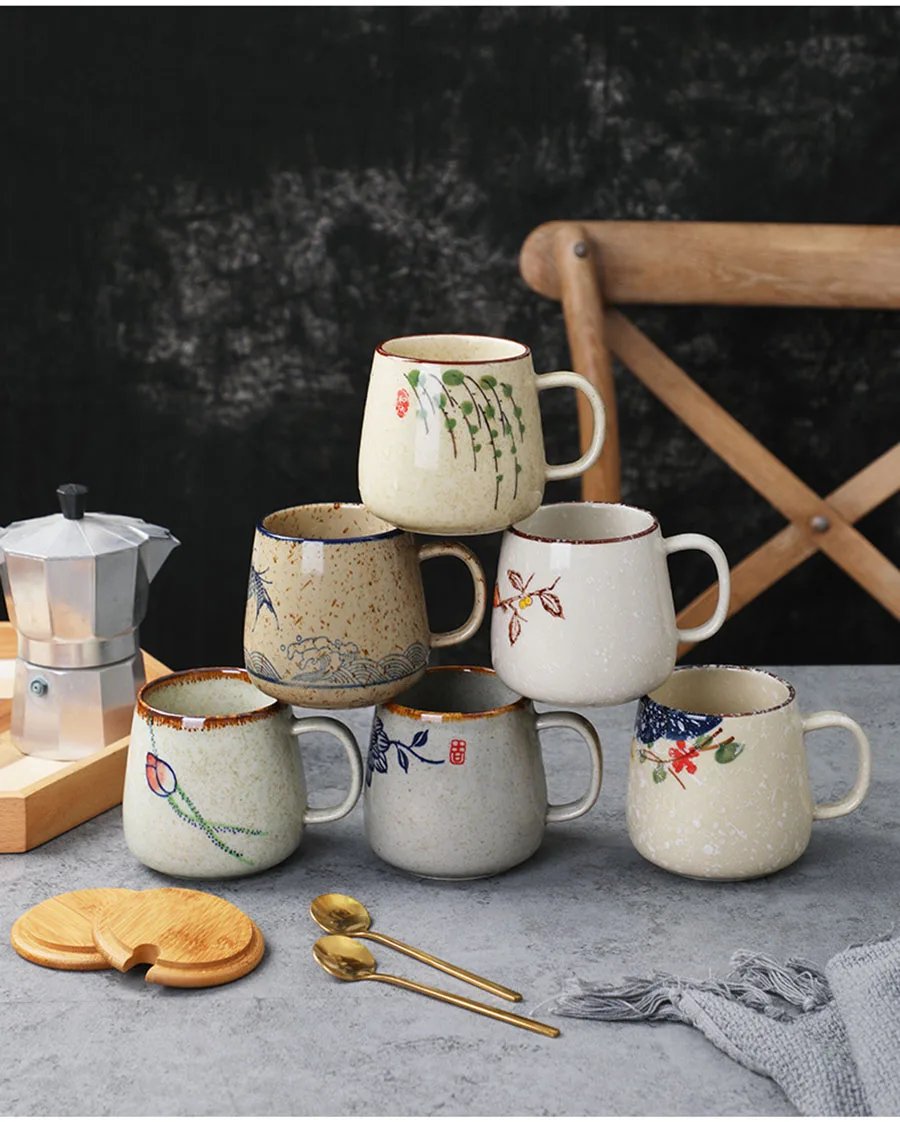 YWDL 350ml Japanese Ceramic Coffee Mug With Lid And Spoon Milk Breakfast Cups Home Heat-resistant Teacup Tumbler Water Mug Gift