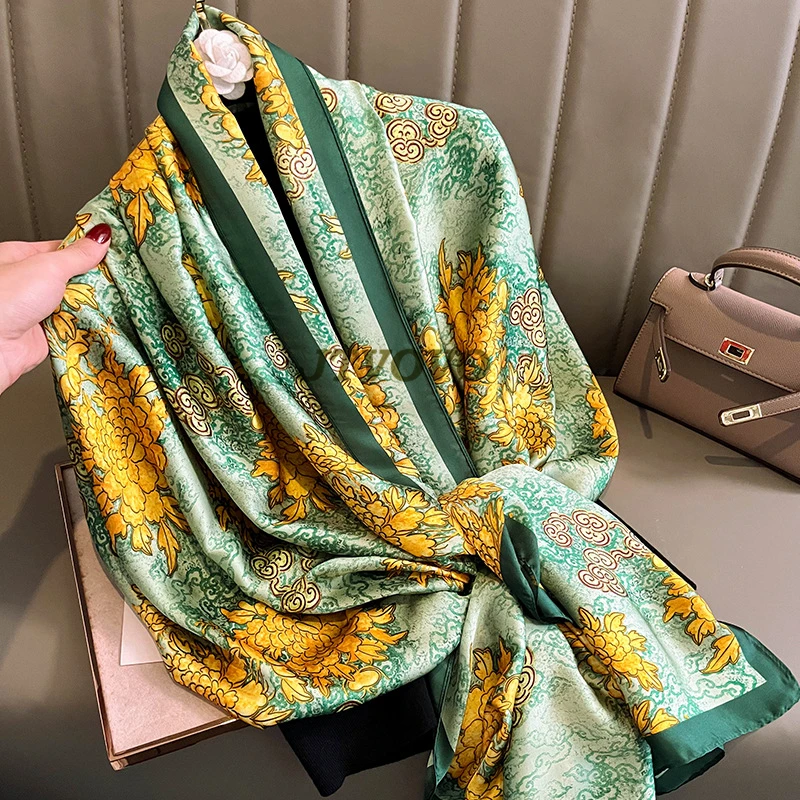 Luxury Brand Silk Scarf Women Large Shawls Hijab  Design Stitching striped arrow imitation silk sunscreen outdoor beach towel