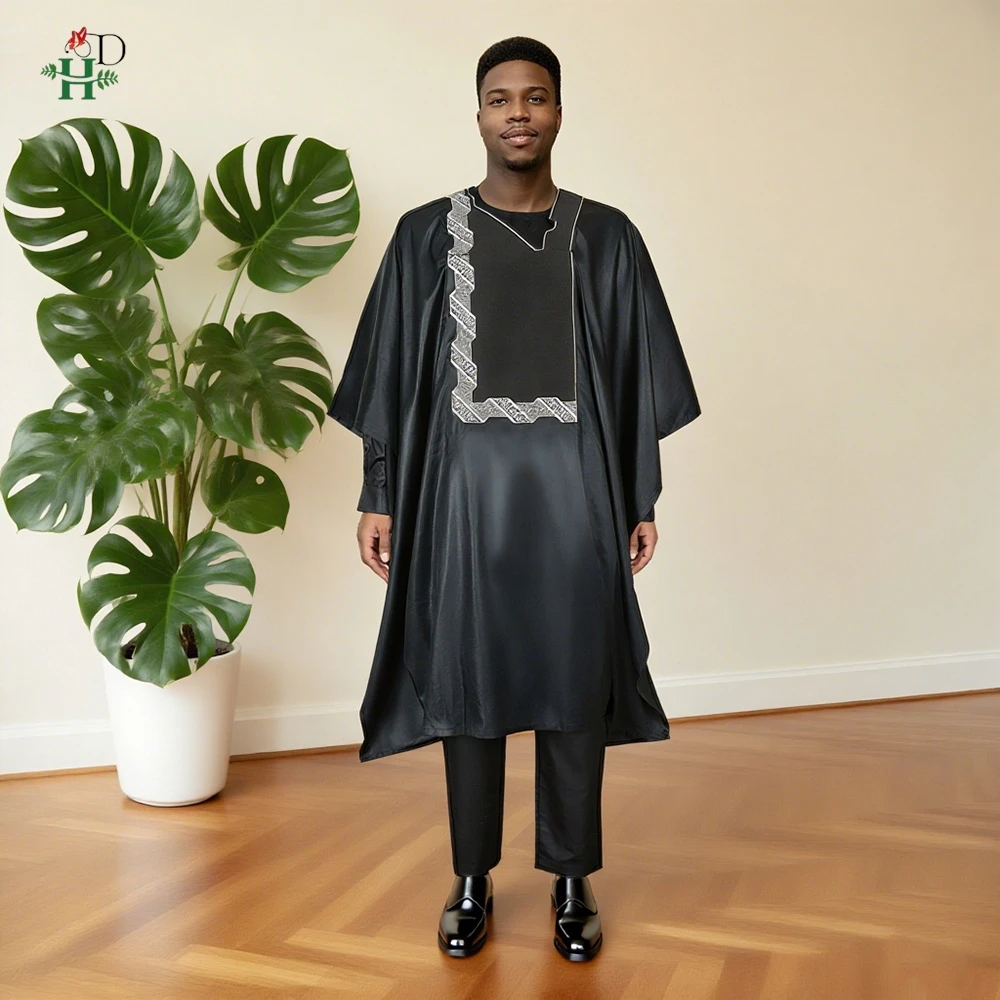 

African Clothes Plus Size Men's Elegant Party Wedding Thobe 3PC Top Pants Suits Set Daily Wear Bazin Riche Embroidery Black Gown
