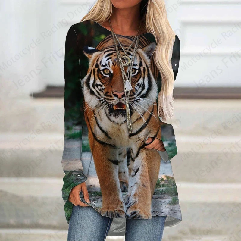 Animal Tiger 3d Print Long Sleeve T-shirt Women Fashion Crewneck Loose Tunic Tops Women Fall Clothing Femme Tops Y2k Style