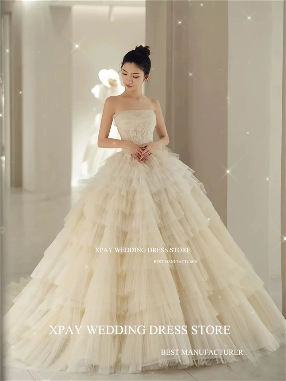 Xpay elegante träger lose Korea Ballkleid ärmellose gestufte Tüll Brautkleider Fotos schießen rücken freie benutzer definierte Größe Brautkleider