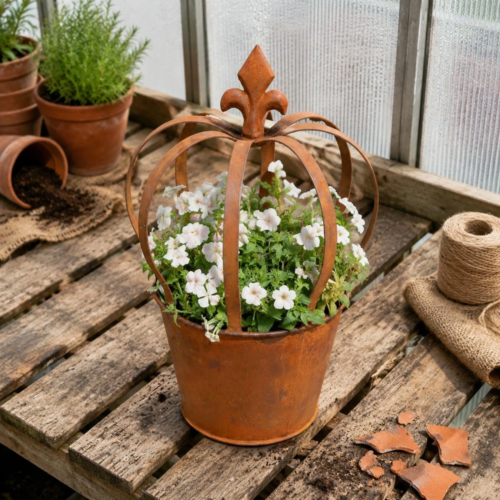 Weathered Crown Planter Rust Finish Vintage Crown Flower Pot Iron Planter Distressed Look Rustic Garden Pot Farmhouse Aesthetic
