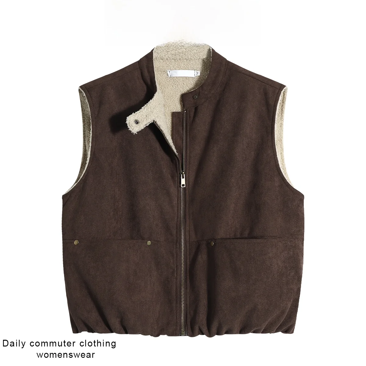 Coshehkg American Retro Lamb Fur Collar Zipper Vest Women's Winter Fleece Lined Warm Thickened Vest Coat Girls' Fashion