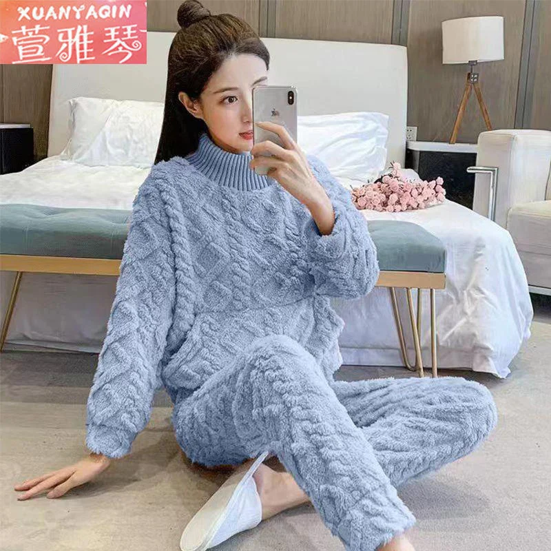 M-4XL Warm Sleepwear Women\'s Winter Coral Plush Casual Korean High Neck Pullover Thickened Outwear Set Women\'s Loose Home Sets