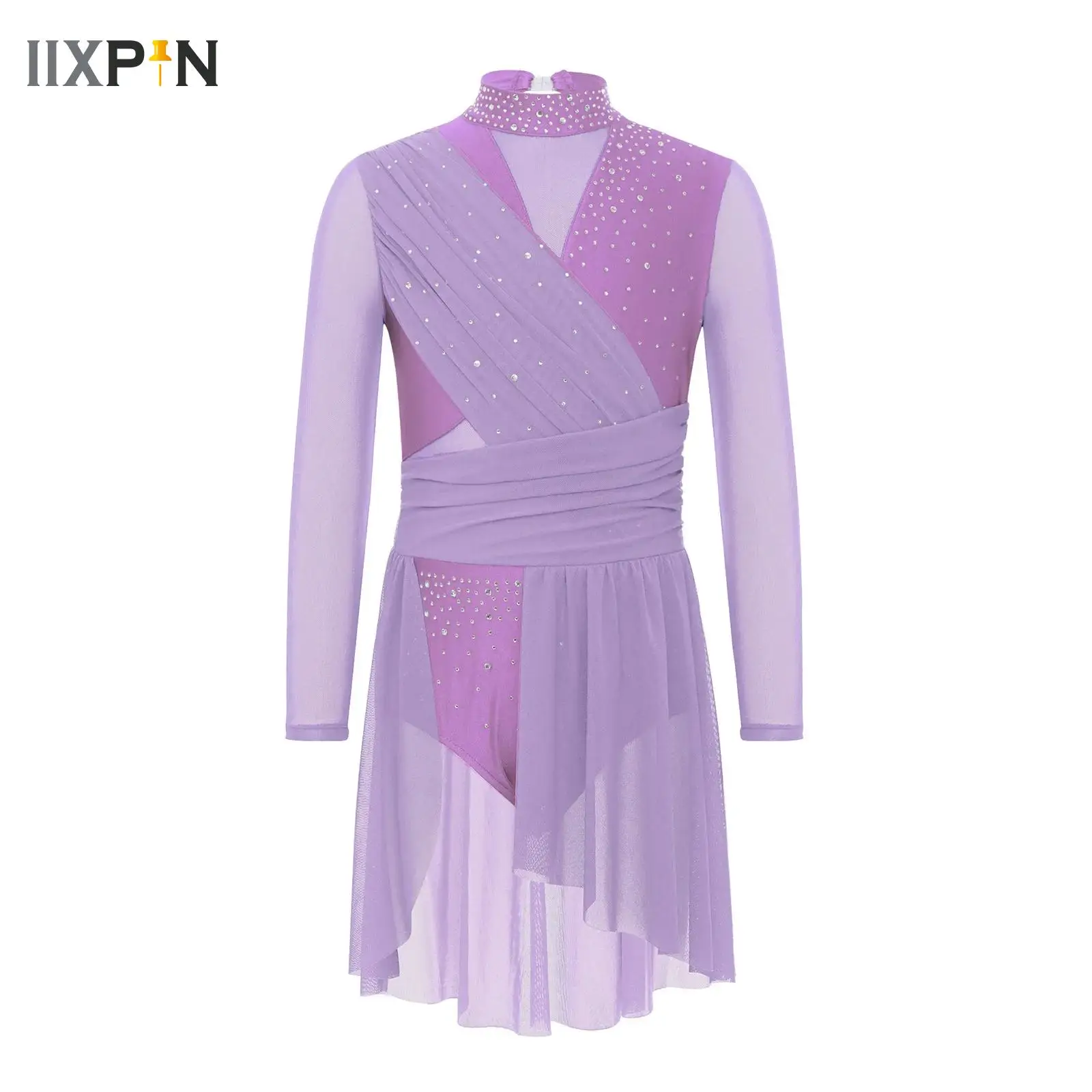

Kids Lyrical Dance Costume Rhinestones Gymnastics Ballet Figure Skating Jersey Leotard Side Split Sheer Long Sleeve Dance Dress