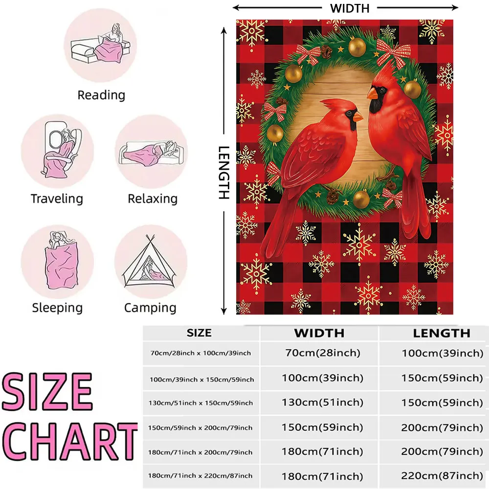 1pcs 230g flannel blanket decorated with Christmas cardinal flower garland and snowflake pattern comfortable to use