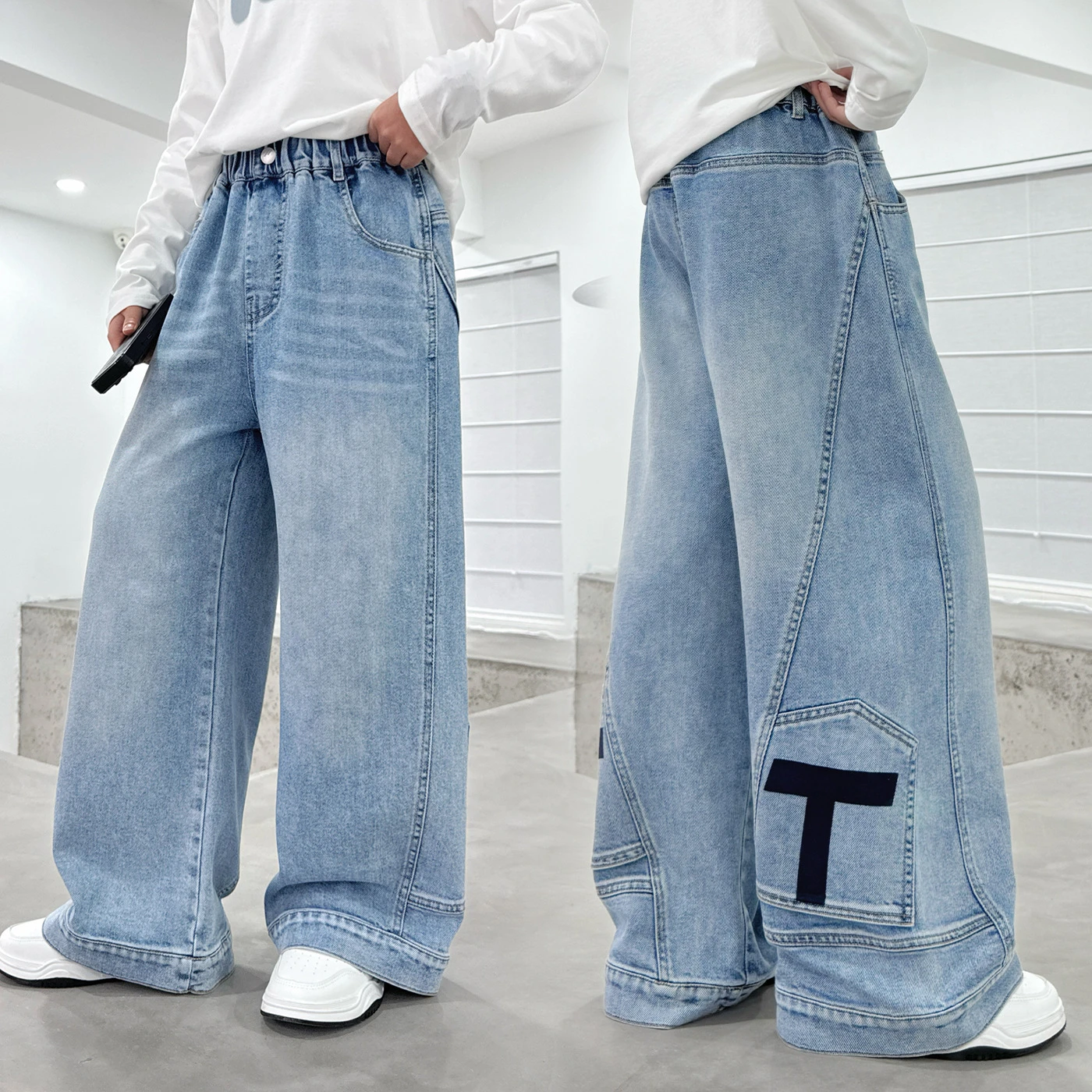 Boys Autumn Jeans Pants Spring Kids Wide Leg Straight Trousers Loose-Fit Casual Trousers Children's Trendy Sweatpants 5-14Y