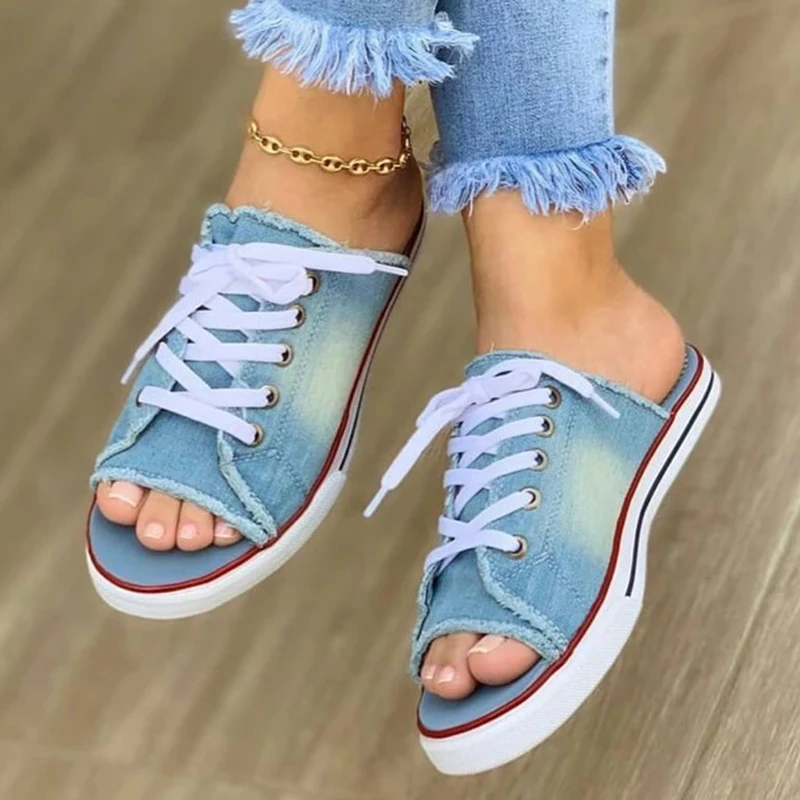 Women\'s Casual Female Fashion Denim Beach Shoes Plus Size Women Canvas Slipper Woman Lace Up Ladies Peep Toe New Flat