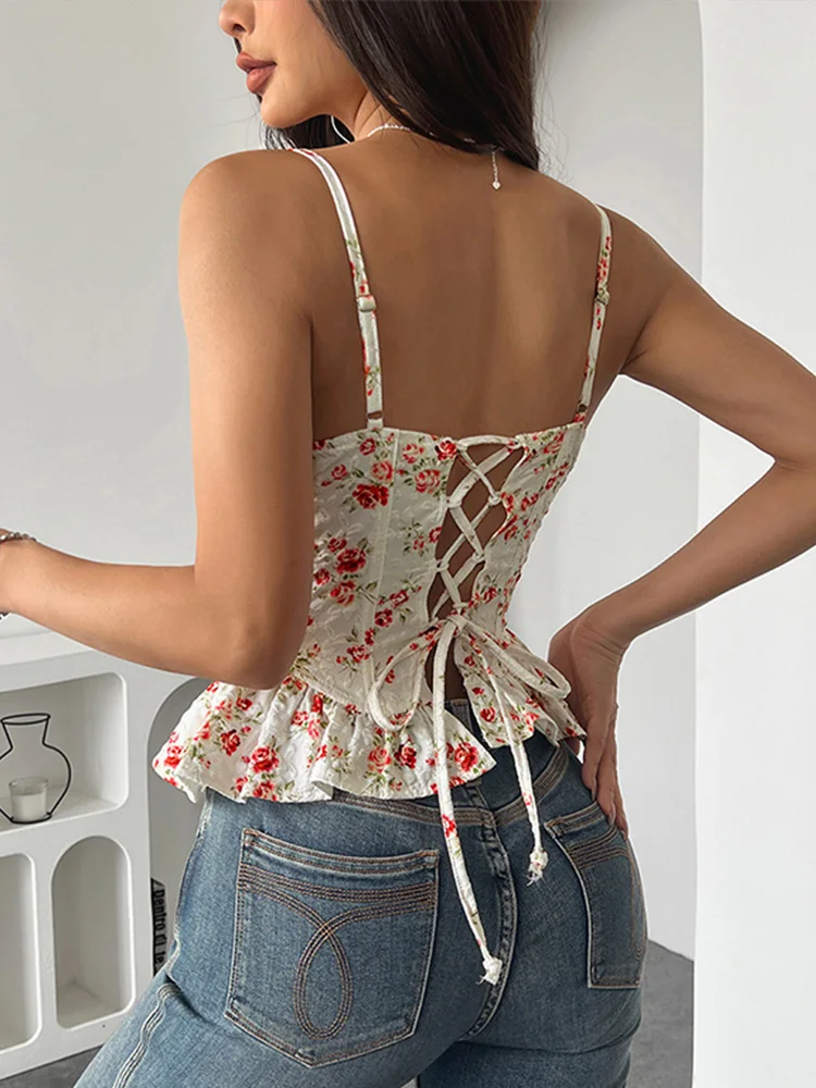 

Сексуальные тонкие топы на бретельках с принтом, женские топы без рукавов с открытой спиной и повязками с оборками, женский топ 2021, летняя мода, шикарная уличная одежда для женщин