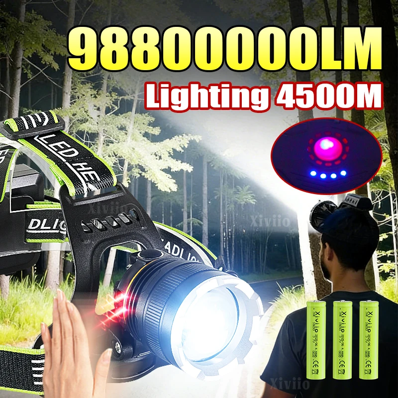 

98800000LM Фара высокой мощности, белый/желтый свет, дальний свет, 4500 м, перезаряжаемый светодиодный налобный фонарь с датчиком, фонарь для рыбалки для езды на велосипеде, кемпинга и охоты