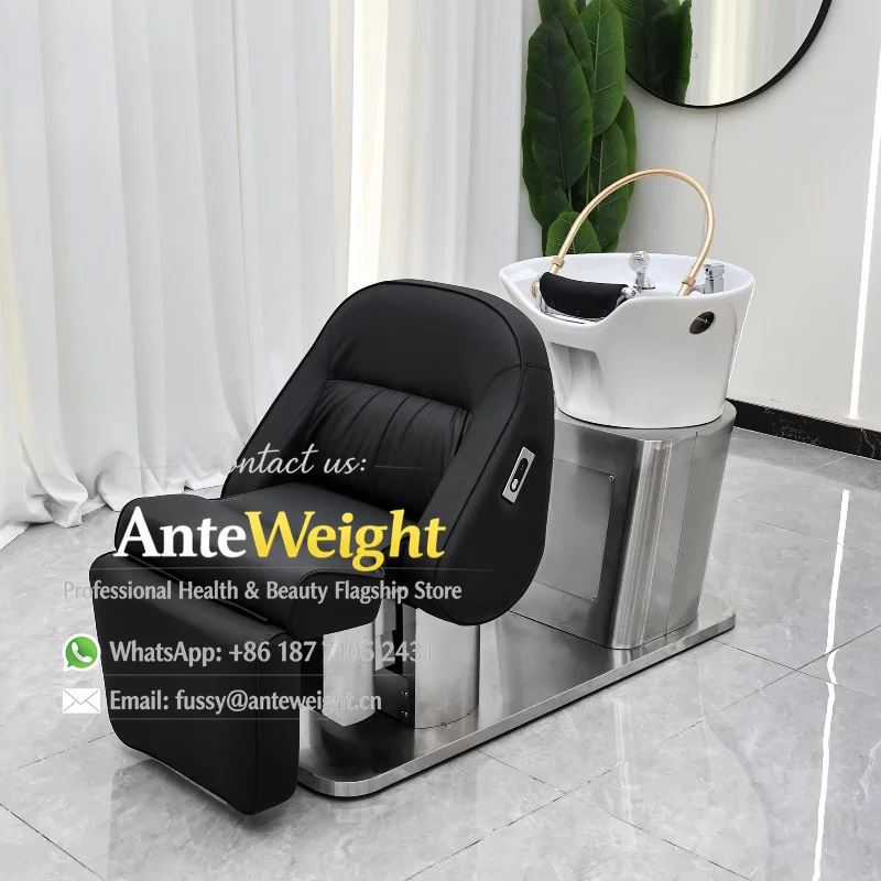 Customized Professional High-End Beauty Salon Furniture Modern Design Electrical Plating Shampoo Bed With Ceramic Basin