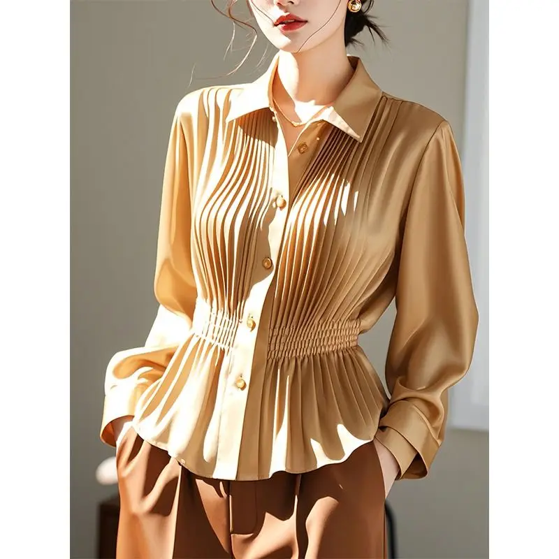 

Autumn Office Lady Simplicity Pleated Solid Color Turn-down Collar Long Sleeve Blouse Ladies Temperament Buttons Corset Shirts