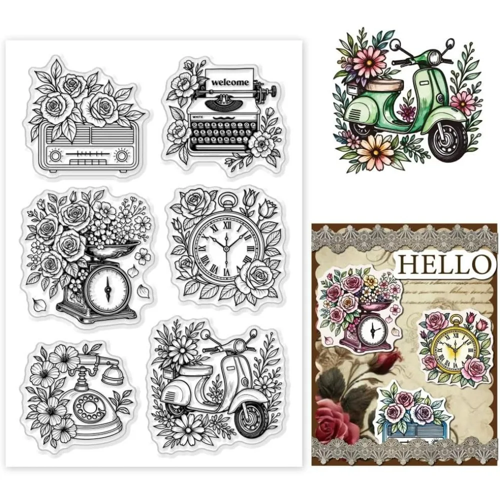 1 Blatt transparente Stempel im Vintage-Stil, Motorrad-Blumenmuster, transparente Stempel, wiederverwendbare transparente Stempelsiegel für die Kartenherstellung