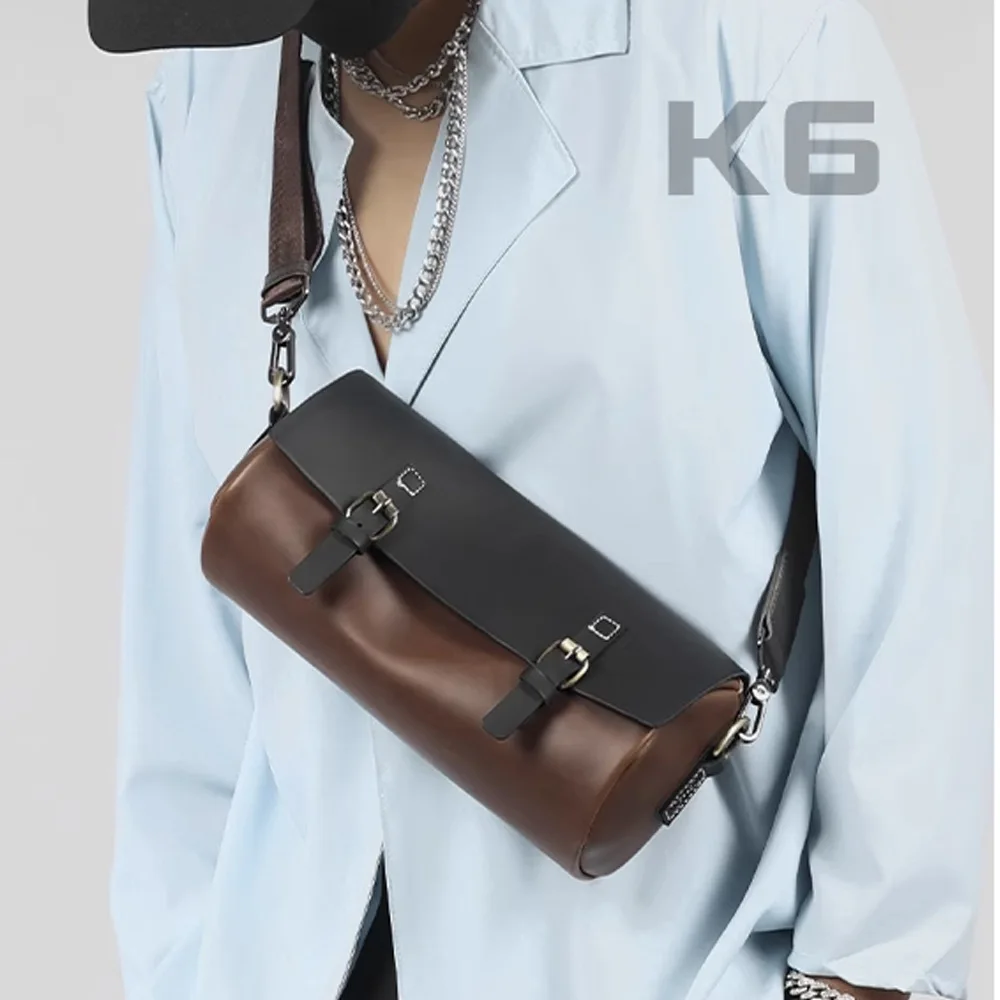 Color-Block Barrel Bag - Distressed Crossbody Messenger for Men, Trendy Horizontal Shoulder Bag Daily Commute & Street Style