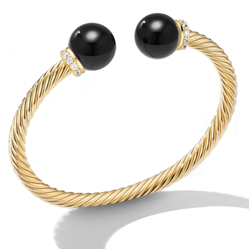 4MM Twisted Stainless Steel Cable Imitation Pearl Opening Adjustable Cuff Women\'s Bracelet Christmas Gift