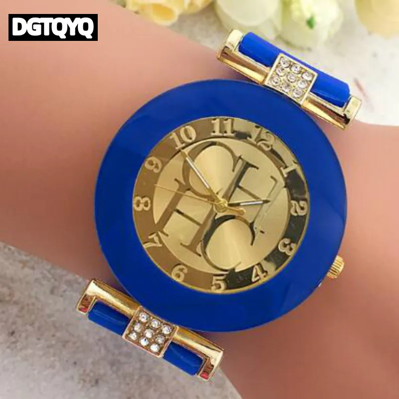 DGTQYQ Jam Tangan Wanita Bermerek Mewah Jam Tangan Kuarsa Kasual Tali Gel Silika Casing Baja Tahan Karat Desain Berlian Minimalis untuk Wanita
