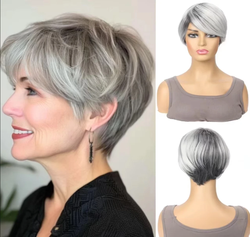 Synthetic Short Mixed Gray Wigs for Women Layered Pixie Cut Wigs with Bangs Wig for White Women Fake Hair