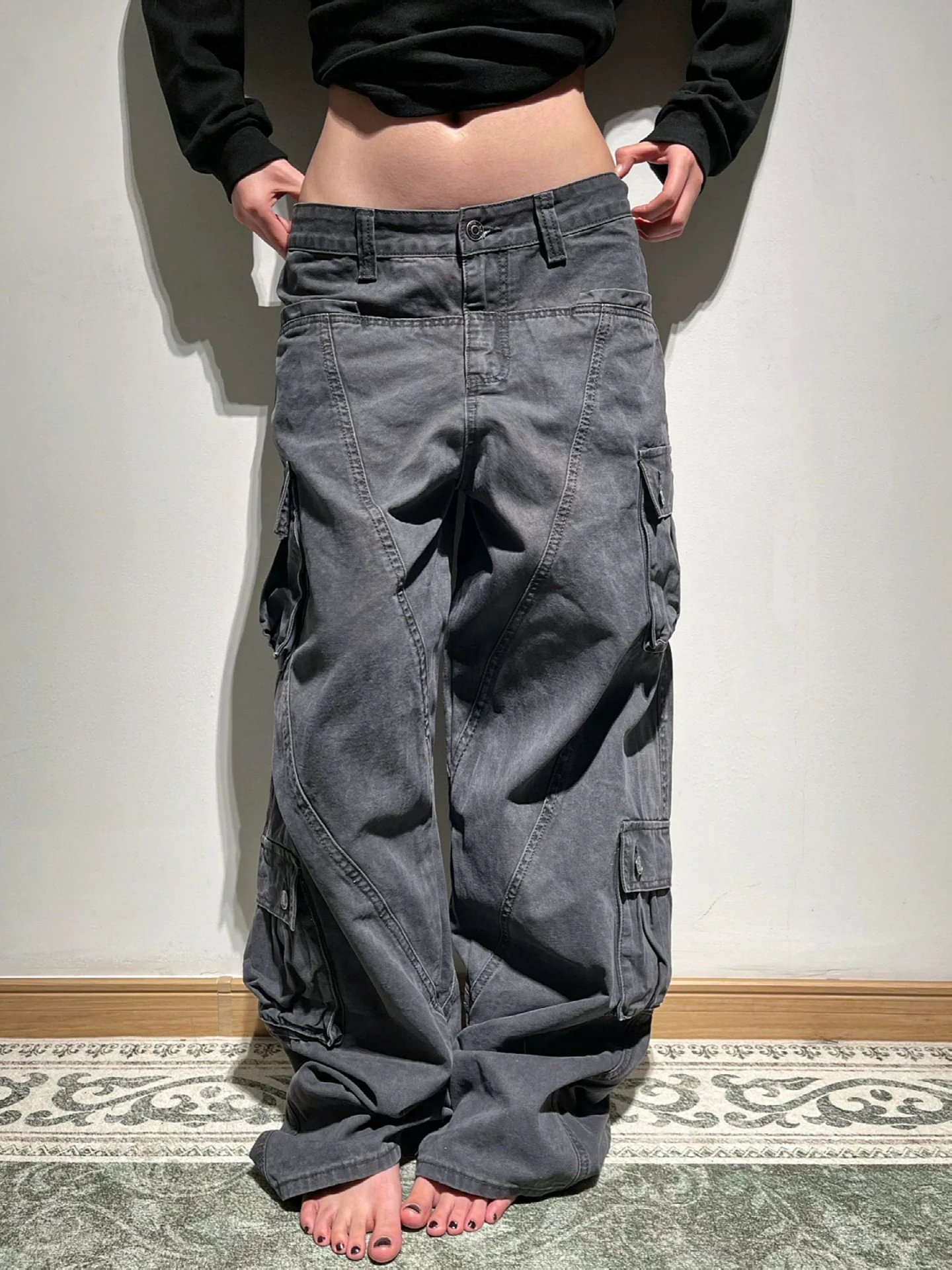 

Свободные прямые брюки с высокой талией, серые, с множеством карманов, в повседневном американском рабочем стиле, удлиненные, больших размеров