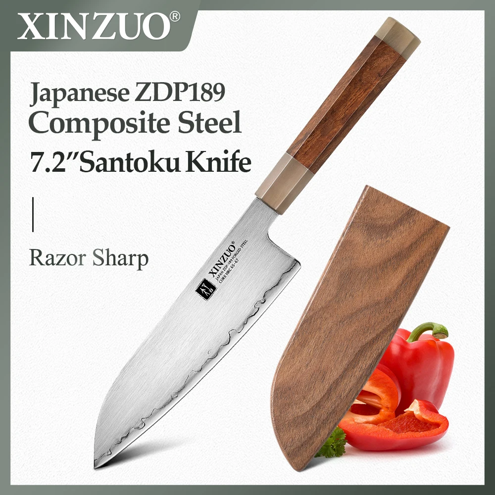 XINZUO New Design 7.2‘’ Santoku Knife Japanese ZDP189 Composite Steel Kitchen Knife Japanese Cooking Knife With Wooden Handle