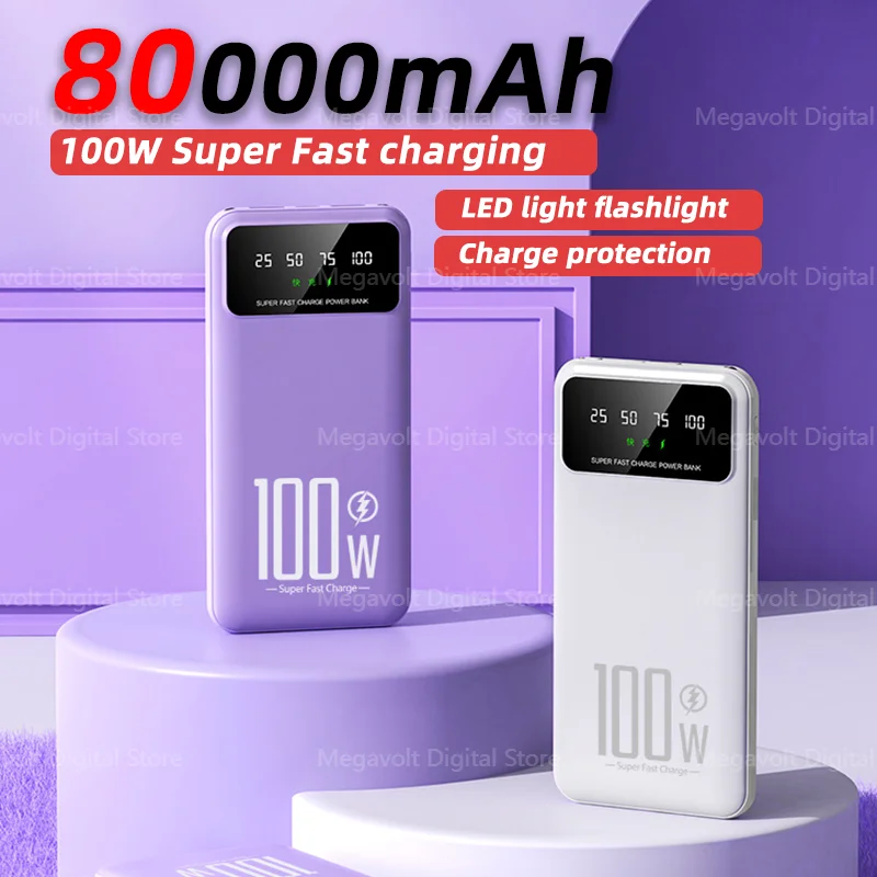 

100W Fast Charge Portable Power Bank 80000mAh High Capacity External Battery Charger Digital Display For iPhone Samsung Xiaomi