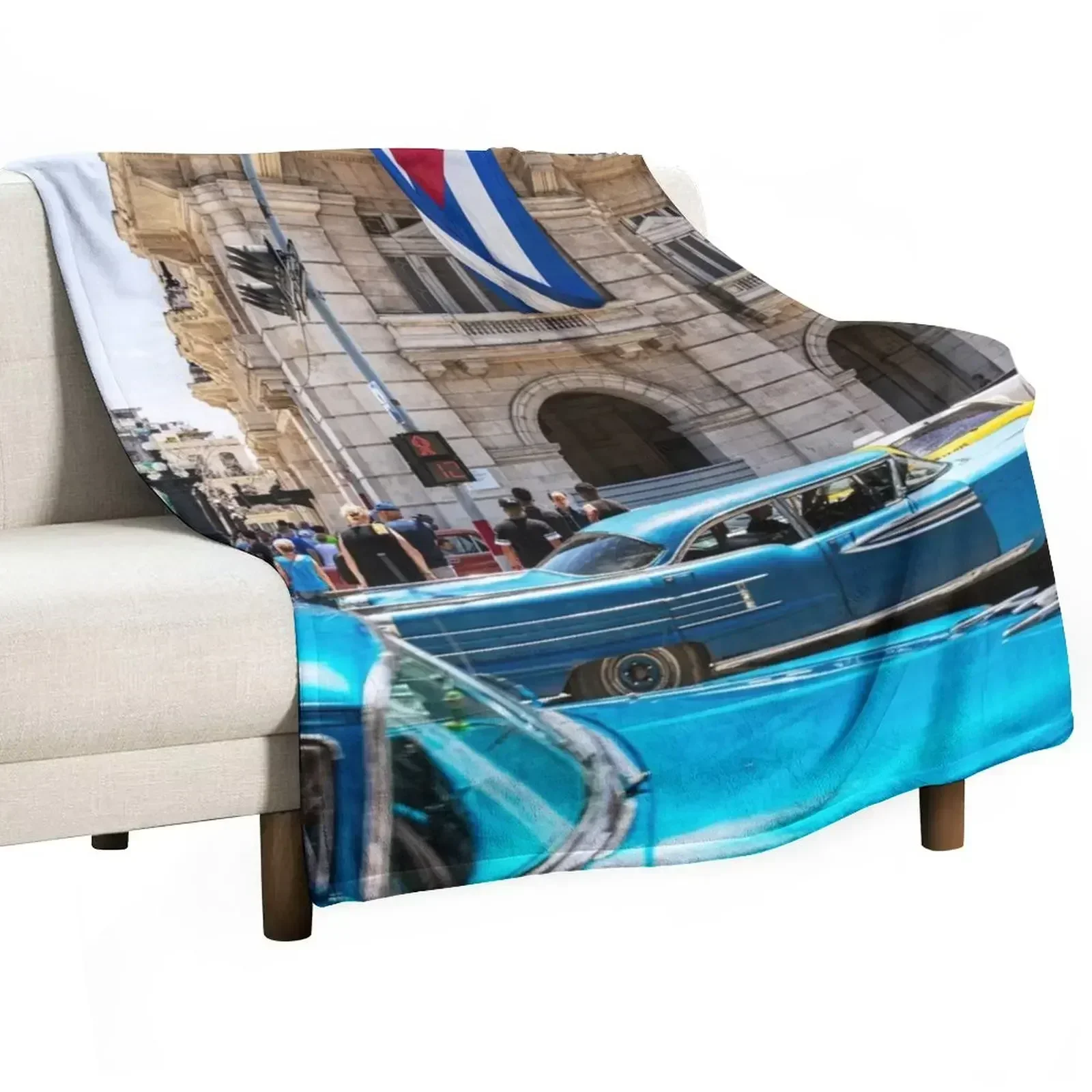 

Blue Cars In Havana And Cuban Flag Throw Blanket wednesday Moving Vintage Plaid Blankets