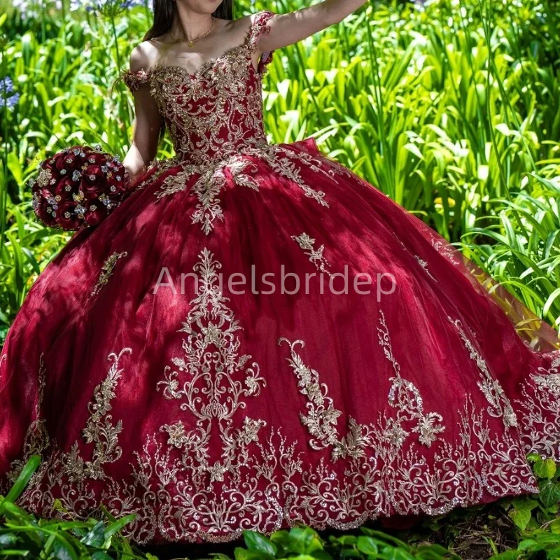 Angelsbride Sprankelende Rode Baljurk Quinceanera Jurken Met Gouden Appliques Avondfeestjurk Vestido De 15 Quinceañera